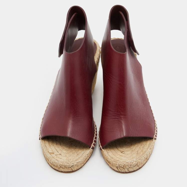Pre Owned Celine Burgundy Leather Espadrille Wedge Sandals Size 39