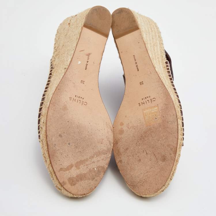 Pre Owned Celine Burgundy Leather Espadrille Wedge Sandals Size 39