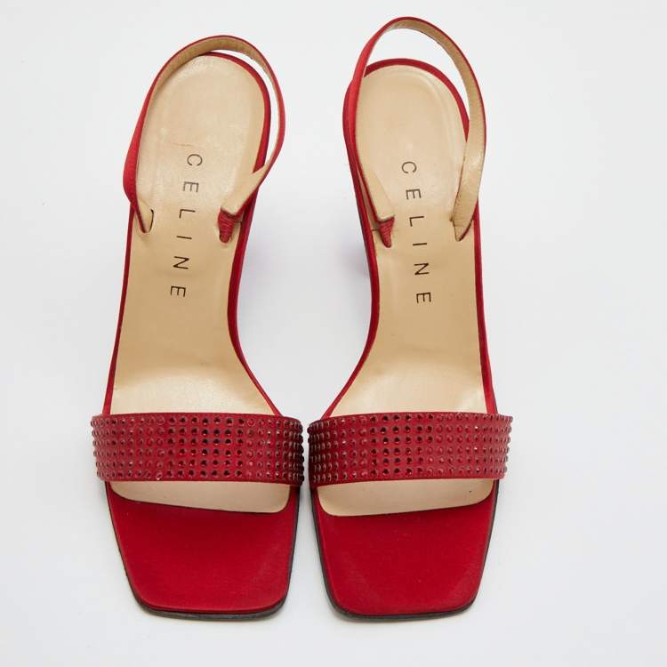 Pre Owned Celine Red Satin Crystal Embellished Slingback Sandals Size 37