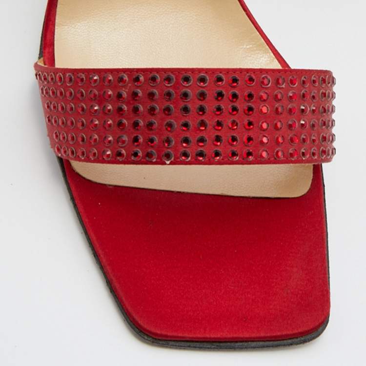 Pre Owned Celine Red Satin Crystal Embellished Slingback Sandals Size 37