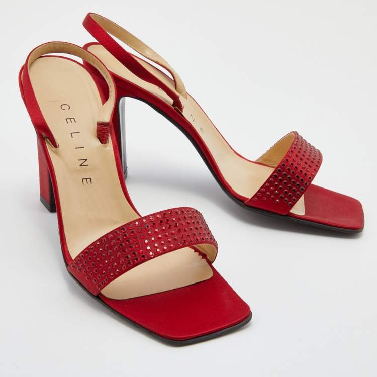 Pre Owned Celine Red Satin Crystal Embellished Slingback Sandals Size 37