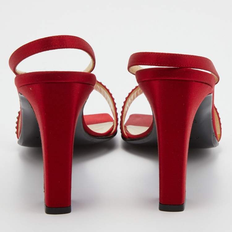 Pre Owned Celine Red Satin Crystal Embellished Slingback Sandals Size 37