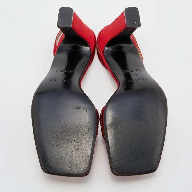Pre Owned Celine Red Satin Crystal Embellished Slingback Sandals Size 37