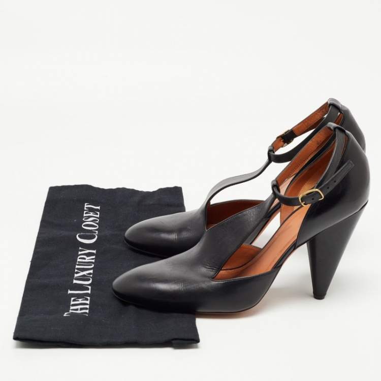 Pre Owned Celine Black Leather T-Strap Pumps Size 38
