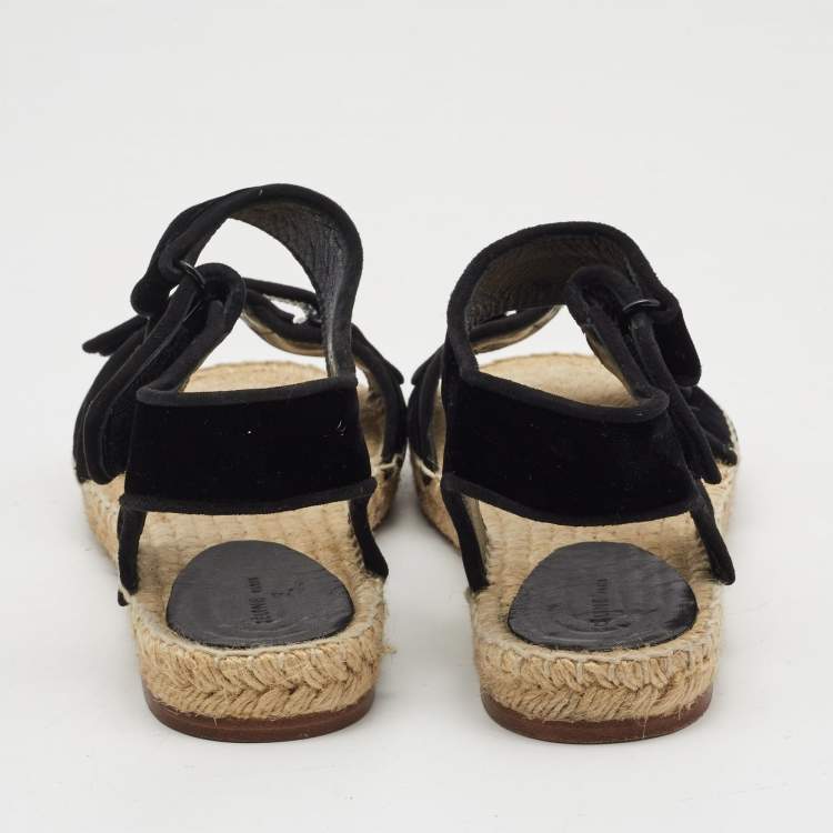 Pre Owned Celine Black Velvet Velcro Strap Espadrille Sandals Size 40