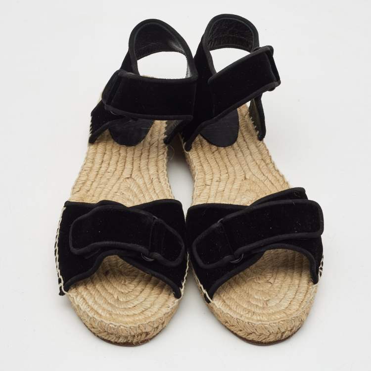 Pre Owned Celine Black Velvet Velcro Strap Espadrille Sandals Size 40