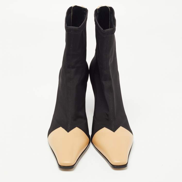 Pre Owned Celine Black/ Beige Fabric and Leather Madame Ankle Boots Size 37