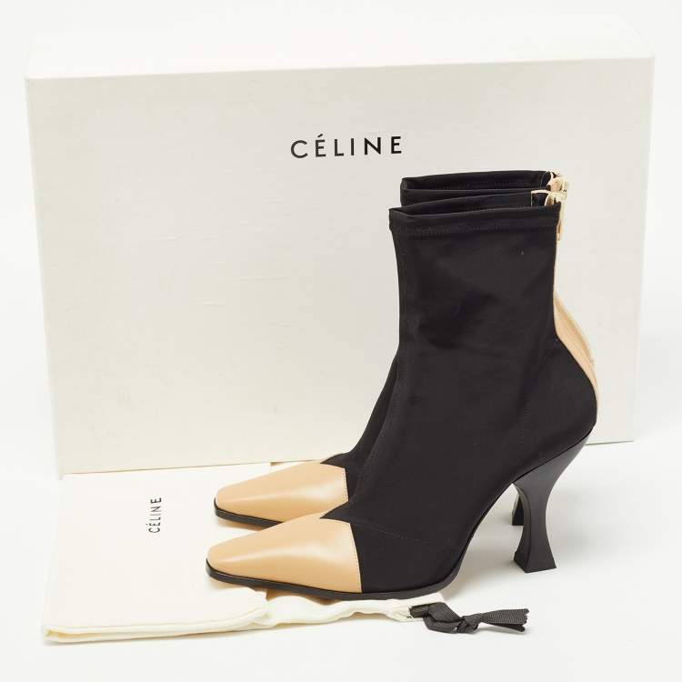 Pre Owned Celine Black/ Beige Fabric and Leather Madame Ankle Boots Size 37