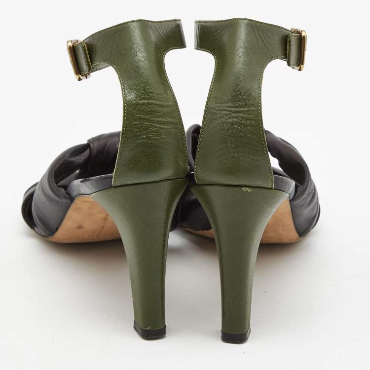 Pre Owned Celine Black/Army Green Leather Twisted Knot Ankle Strap Sandals Size 40