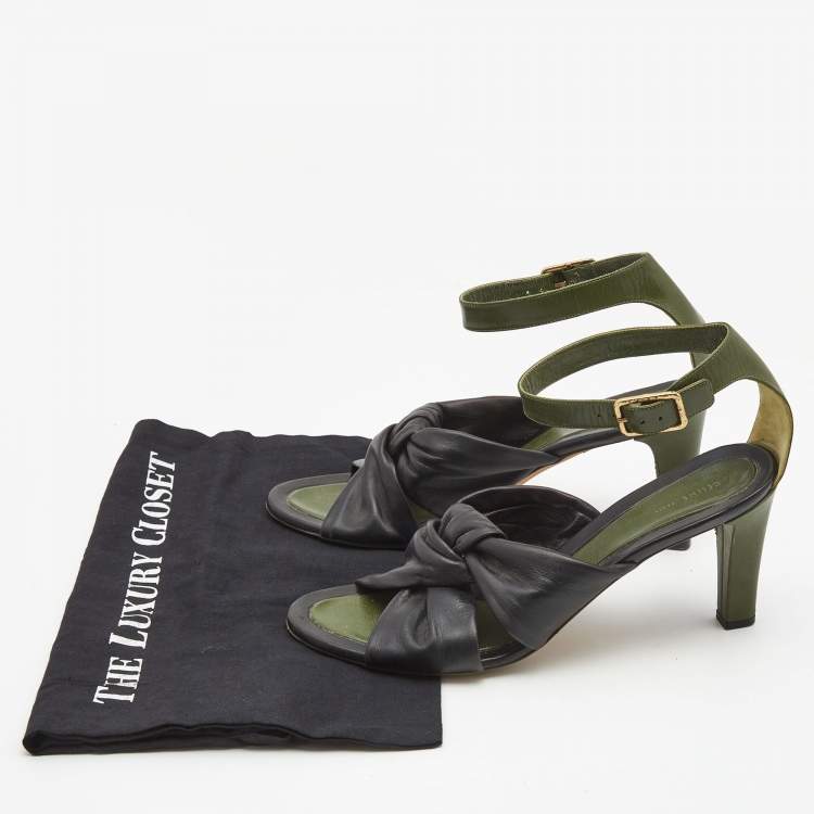 Pre Owned Celine Black/Army Green Leather Twisted Knot Ankle Strap Sandals Size 40