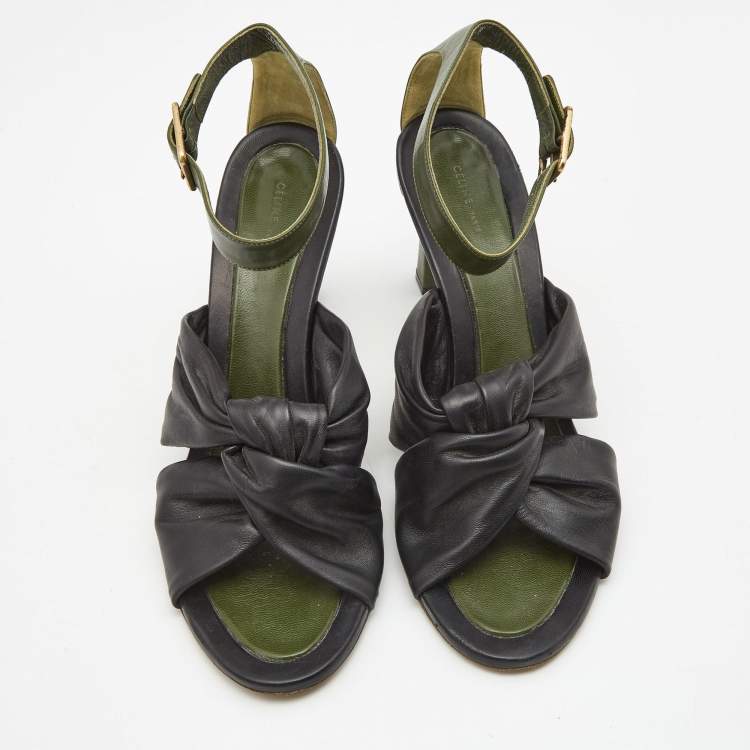Pre Owned Celine Black/Army Green Leather Twisted Knot Ankle Strap Sandals Size 40