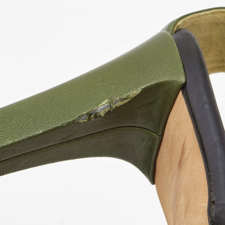 Pre Owned Celine Black/Army Green Leather Twisted Knot Ankle Strap Sandals Size 40