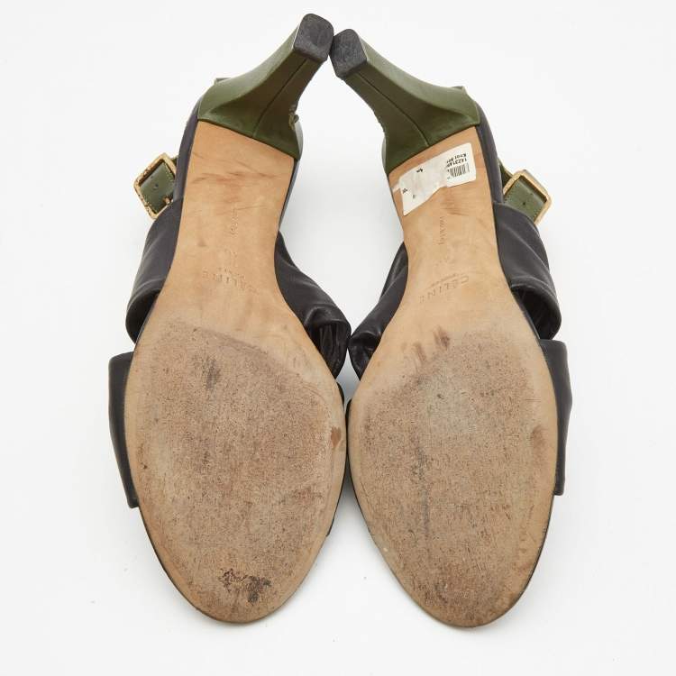 Pre Owned Celine Black/Army Green Leather Twisted Knot Ankle Strap Sandals Size 40