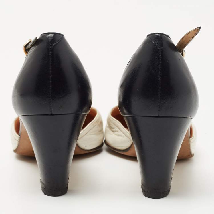 Pre Owned Celine Navy Blue/White Leather T-Strap Pumps Size 35.5