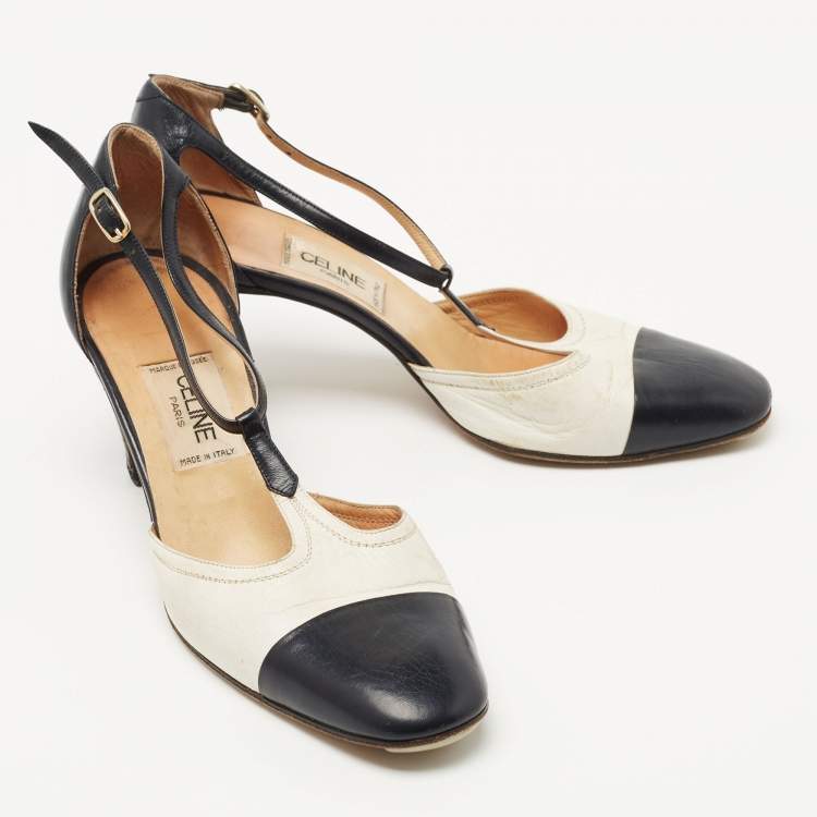 Pre Owned Celine Navy Blue/White Leather T-Strap Pumps Size 35.5