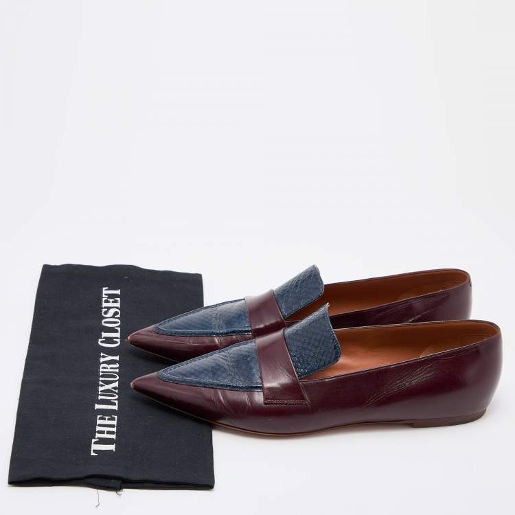 Pre Owned Celine Burgundy/Blue Leather and Watersnake Leather Slip On Loafers Size 41