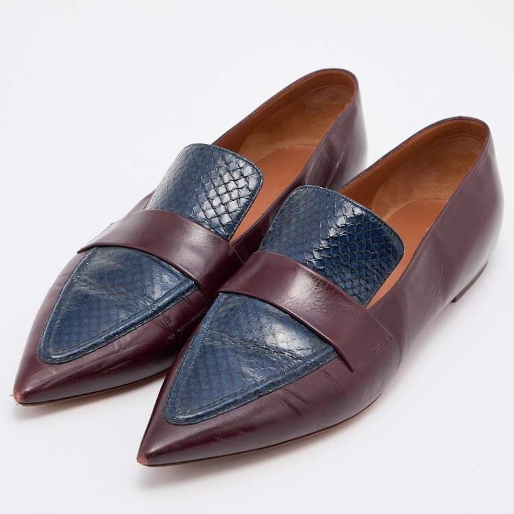 Pre Owned Celine Burgundy/Blue Leather and Watersnake Leather Slip On Loafers Size 41