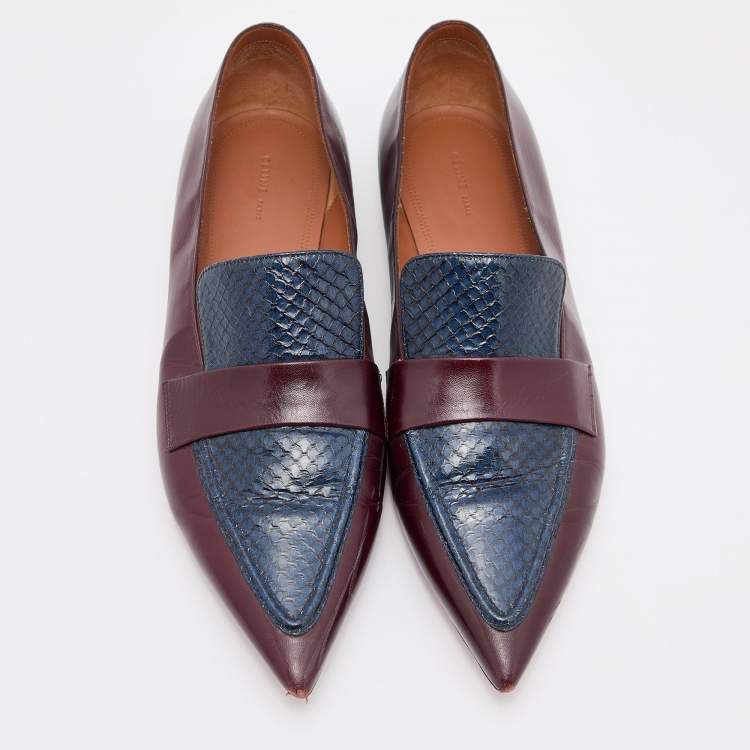 Pre Owned Celine Burgundy/Blue Leather and Watersnake Leather Slip On Loafers Size 41