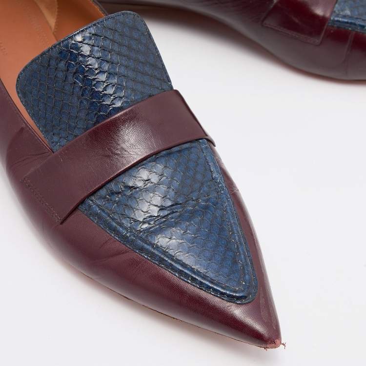 Pre Owned Celine Burgundy/Blue Leather and Watersnake Leather Slip On Loafers Size 41