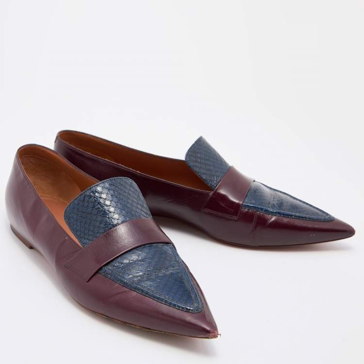 Pre Owned Celine Burgundy/Blue Leather and Watersnake Leather Slip On Loafers Size 41