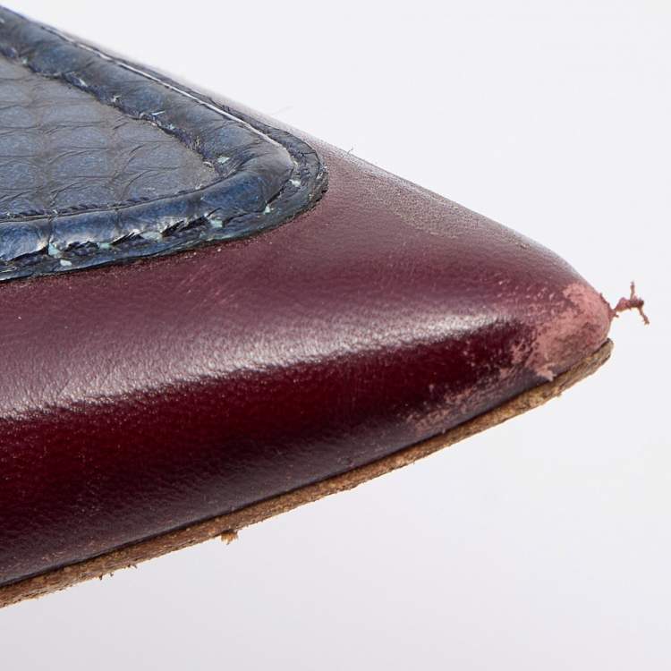 Pre Owned Celine Burgundy/Blue Leather and Watersnake Leather Slip On Loafers Size 41