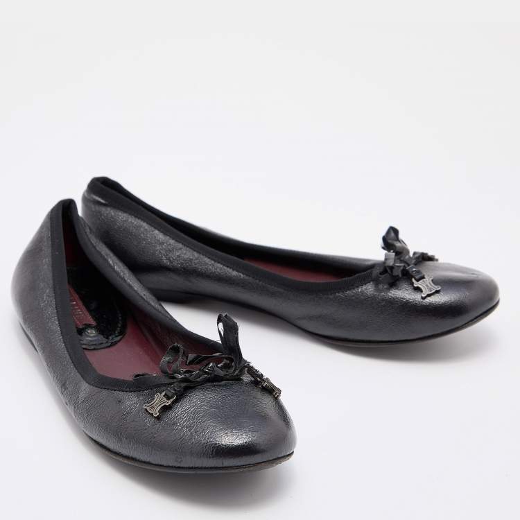 Pre Owned Celine Black Leather Bow Ballet Flats Size 36