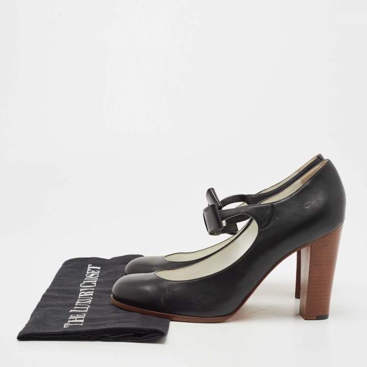 Pre Owned Celine Black Leather Bow Detail Mary Jane Block Heel Pumps Size 40.5
