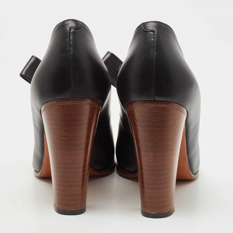 Pre Owned Celine Black Leather Bow Detail Mary Jane Block Heel Pumps Size 40.5