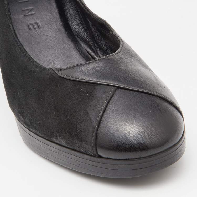 Pre Owned Celine Black Leather and Suede Block Heel Pumps Size 35.5
