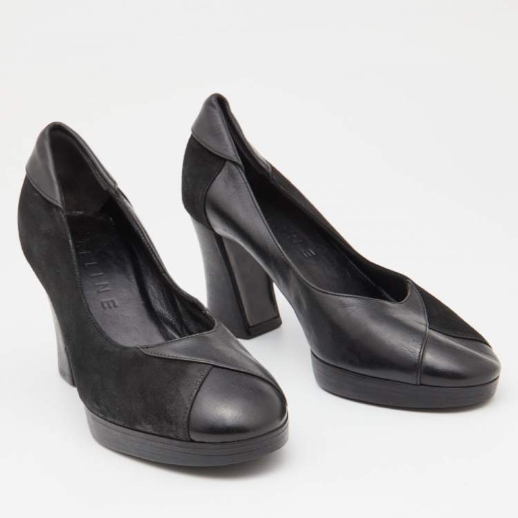 Pre Owned Celine Black Leather and Suede Block Heel Pumps Size 35.5