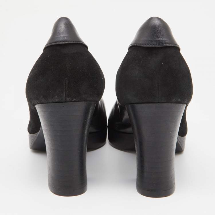 Pre Owned Celine Black Leather and Suede Block Heel Pumps Size 35.5