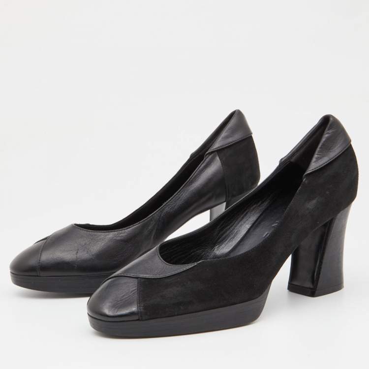 Pre Owned Celine Black Leather and Suede Block Heel Pumps Size 35.5
