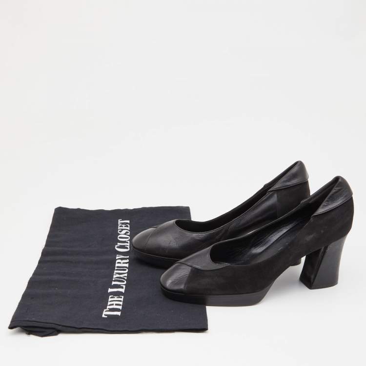 Pre Owned Celine Black Leather and Suede Block Heel Pumps Size 35.5