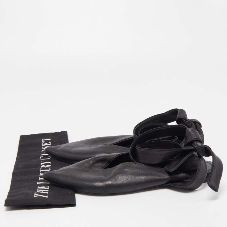 Pre Owned Celine Black Leather V Neck Ankle Tie Flat Size 38