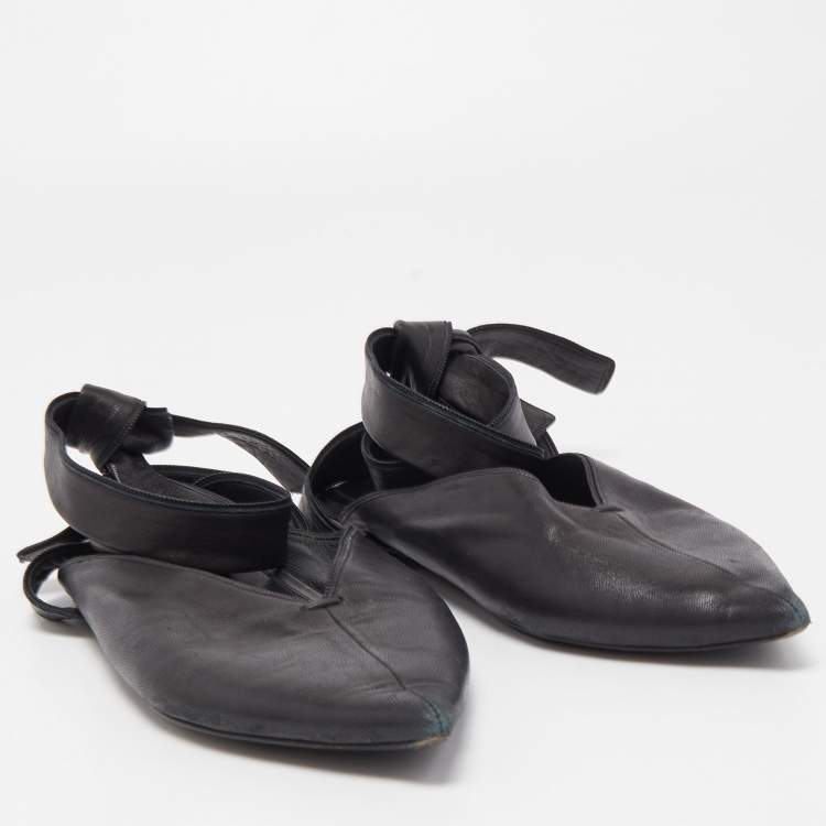 Pre Owned Celine Black Leather V Neck Ankle Tie Flat Size 38