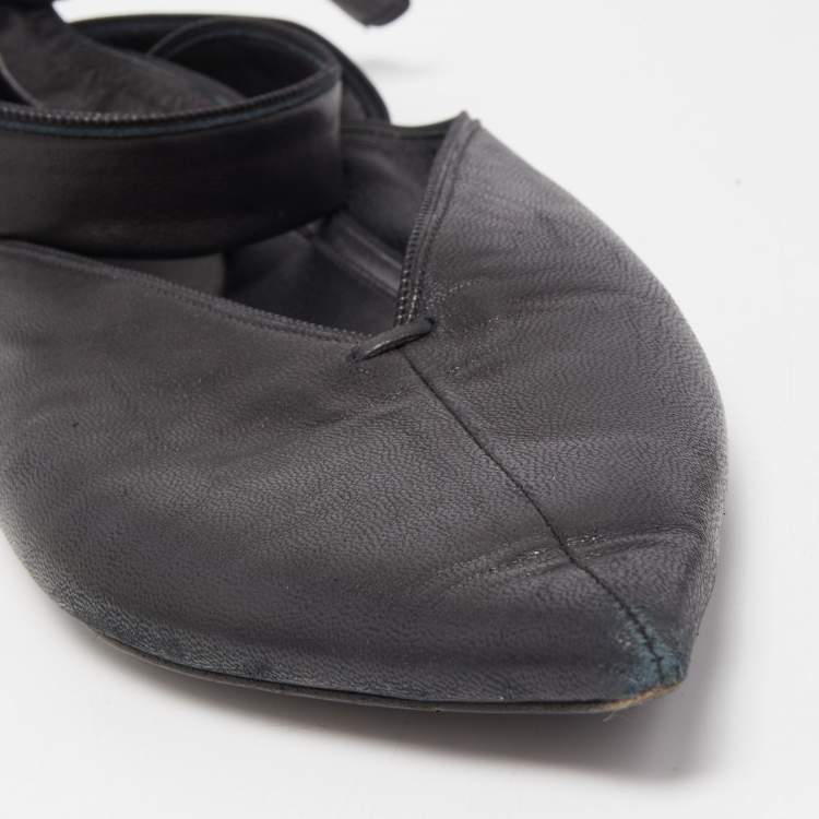 Pre Owned Celine Black Leather V Neck Ankle Tie Flat Size 38