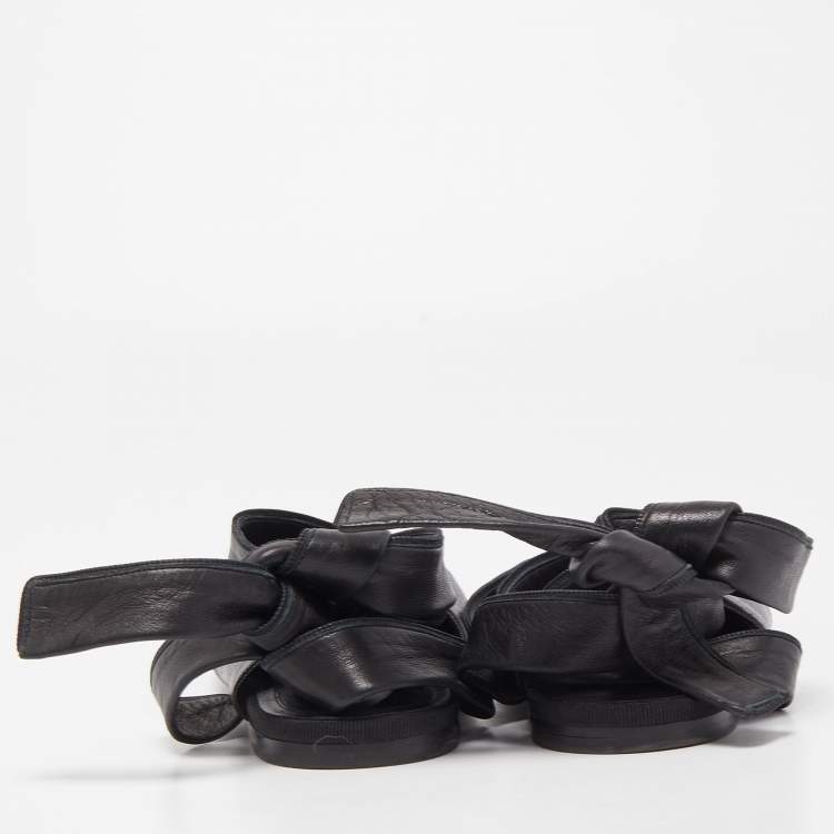 Pre Owned Celine Black Leather V Neck Ankle Tie Flat Size 38