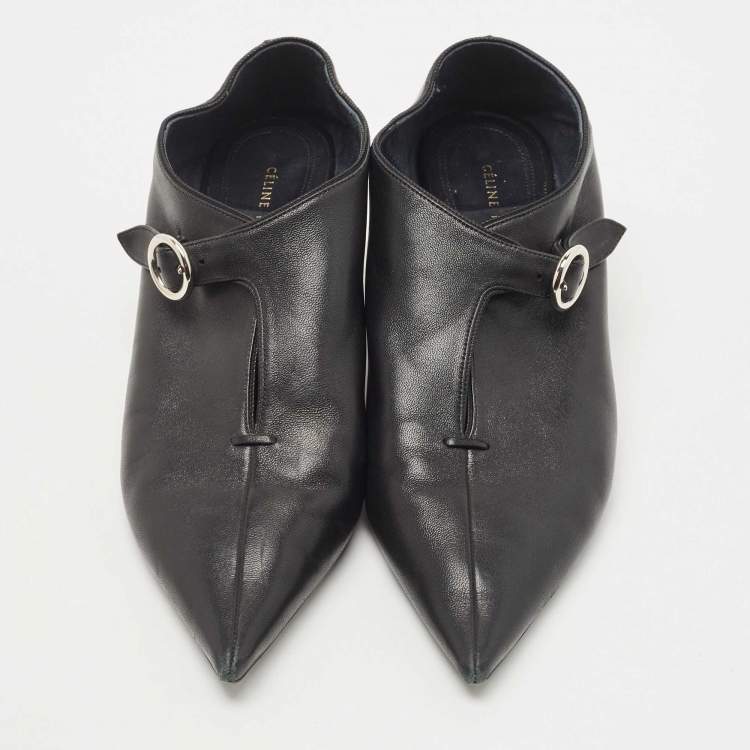 Pre Owned Celine Black Leather Buckle Detail Pointed Toe Booties Size 36