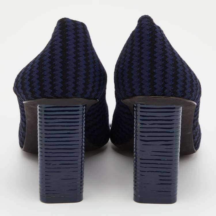 Pre Owned Celine Blue/Black Stretch Fabric V Neck Pumps Size 38