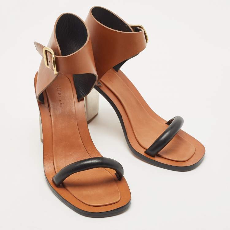 مملوكة مسبقًا Celine Tan/Black Leather Bam Bam Sandals Size 38.5