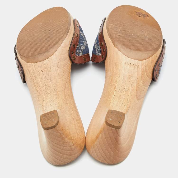 مملوكة مسبقًا Celine Blue/Tan Macadam Canvas and Leather Studded Slide Sandals Size 39