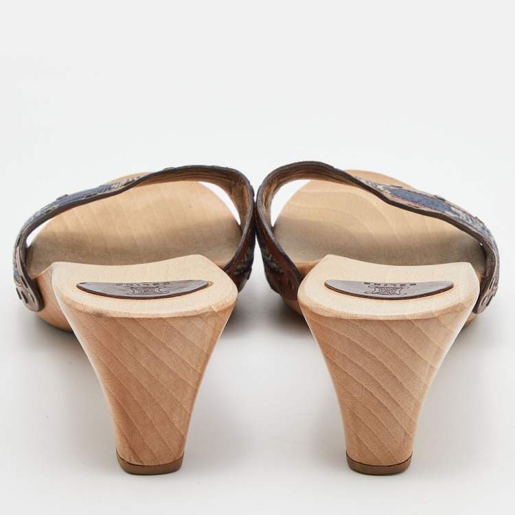 مملوكة مسبقًا Celine Blue/Tan Macadam Canvas and Leather Studded Slide Sandals Size 39