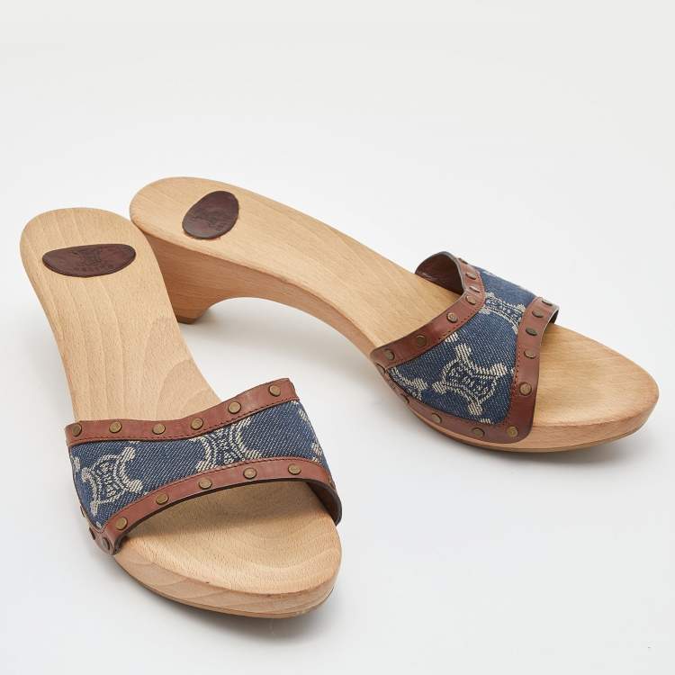 مملوكة مسبقًا Celine Blue/Tan Macadam Canvas and Leather Studded Slide Sandals Size 39