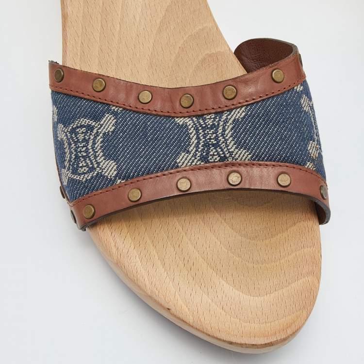 مملوكة مسبقًا Celine Blue/Tan Macadam Canvas and Leather Studded Slide Sandals Size 39