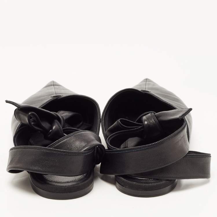 Pre Owned Celine Black Leather V Neck Ankle Tie Flats Size 40