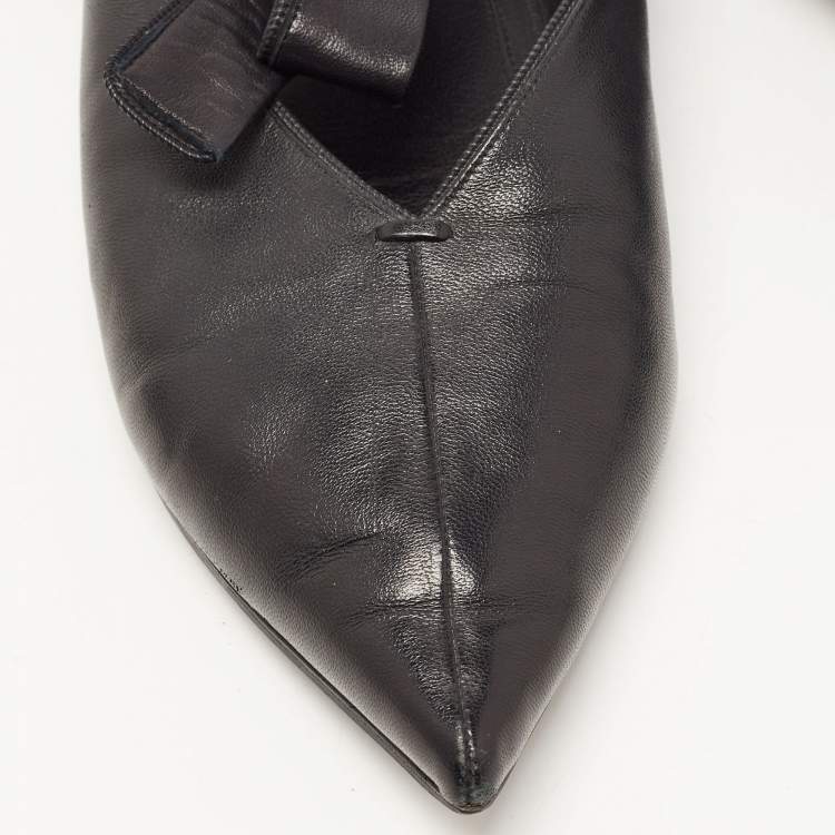Pre Owned Celine Black Leather V Neck Ankle Tie Flats Size 40