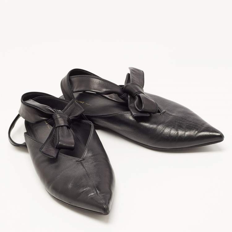 Pre Owned Celine Black Leather V Neck Ankle Tie Flats Size 40