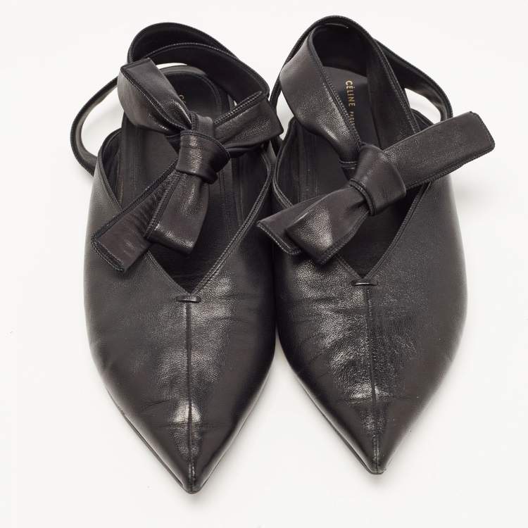 Pre Owned Celine Black Leather V Neck Ankle Tie Flats Size 40