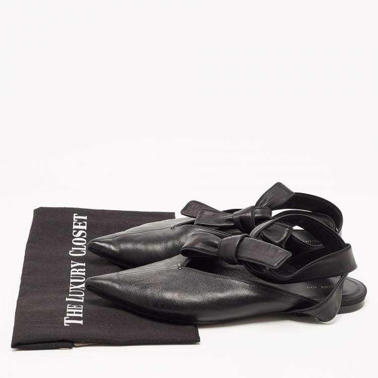 Pre Owned Celine Black Leather V Neck Ankle Tie Flats Size 40