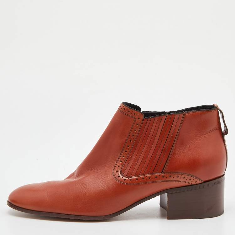 Pre Owned Celine Brown Leather Block Heel Ankle Booties Size 38